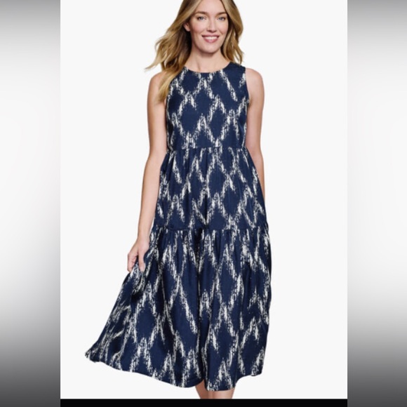 $160 Johnston & Murphy Navy Blue and White Ikat Print Midi Dress Sz XS or Small. - Picture 3 of 16